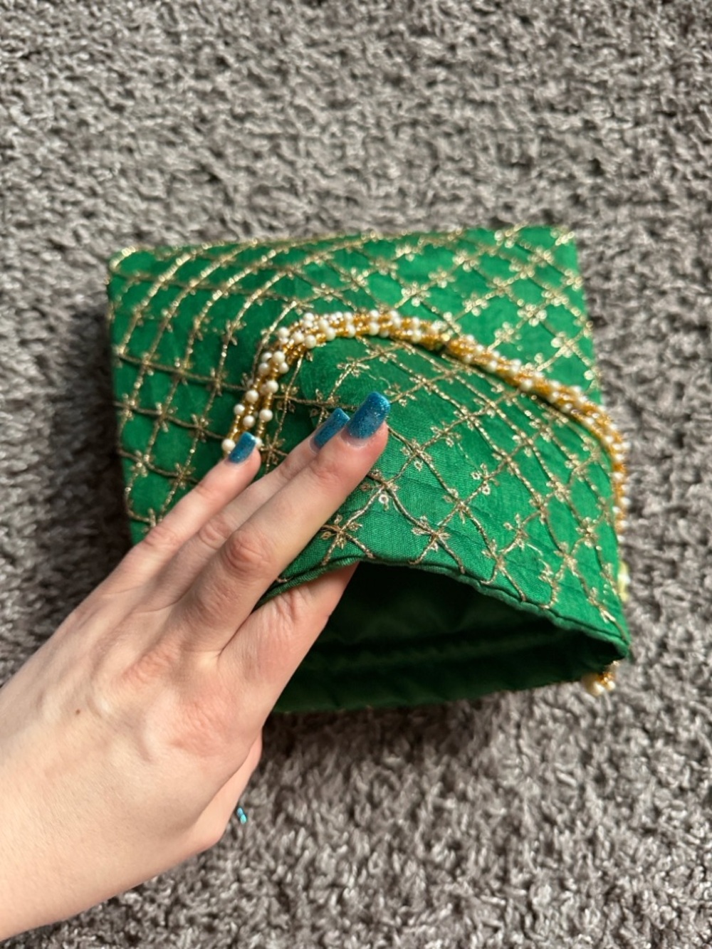 Green Potli Drawstring Bag with Gold Beaded Handle - Picture 9 of 10